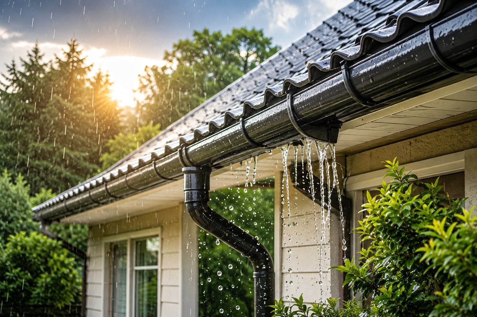 Rain running off a dark gutter and spilling from a downspout at sunset